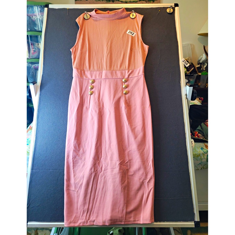 Grace Karin Pink Solid Knit Sheath Midi Dress Sleeveless Mock Neck Zip L